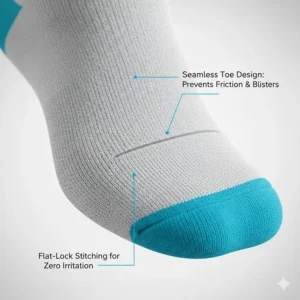 Close-up illustration of a flat, seamless toe box in a running sock to prevent irritation and toe blisters.