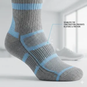Illustration of a seamless toe construction in running socks to prevent blisters and irritation.
