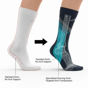 Side-by-side comparison of a standard sock versus a specialized running sock for flat feet.
