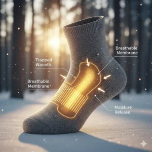Infographic showing how thermal running socks trap heat while remaining breathable.