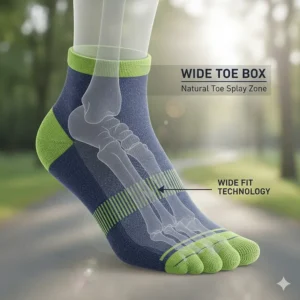 Illustration showing the anatomical wide toe box of a running sock allowing for natural toe splay.