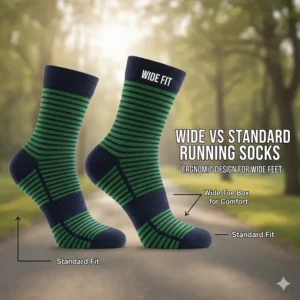 Side-by-side comparison of a standard running sock versus a dedicated wide-width running sock.