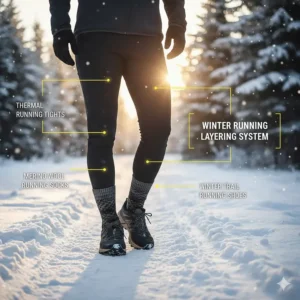 Graphic showing how to layer running socks for cold weather with trail shoes and leggings.