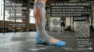 Illustration of seamless toe construction in CrossFit socks to prevent friction and blisters.