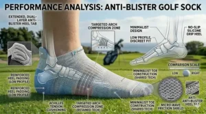 An illustration of a protective heel tab on a low-cut golf sock designed to prevent friction.