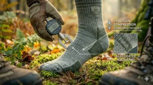 Graphic highlighting the elastic arch support and compression fit of premium hunting socks for reduced fatigue.