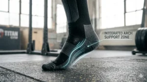 Technical drawing of weightlifting socks with integrated arch support for foot stability during squats.