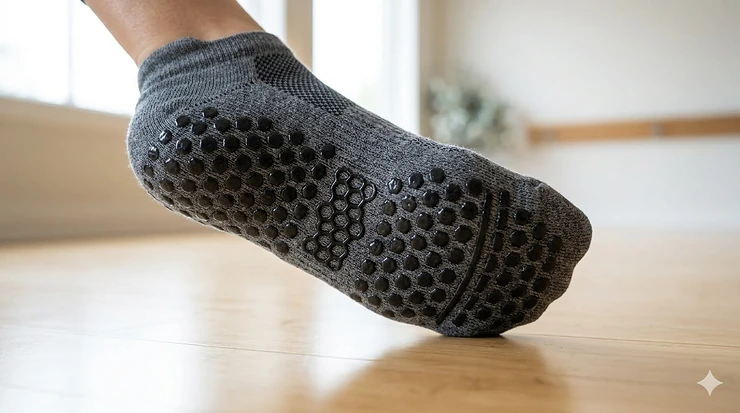 Detailed view of the honeycomb silicone grip pattern on the bottom of the best barre socks for stability.