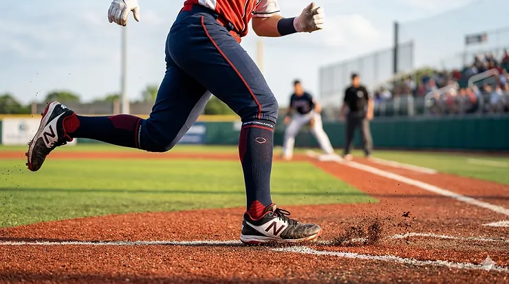 A professional baseball player in mid-stride wearing high-quality compression baseball socks and cleats on a dirt infield. best baseball socks