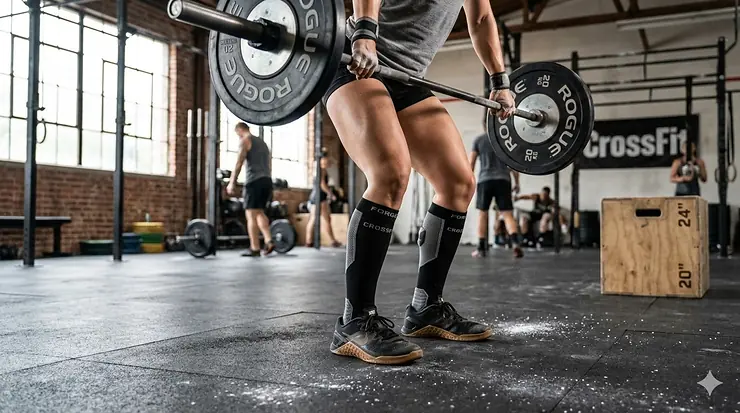 A professional athlete wearing compression socks for CrossFit while performing a heavy barbell snatch.