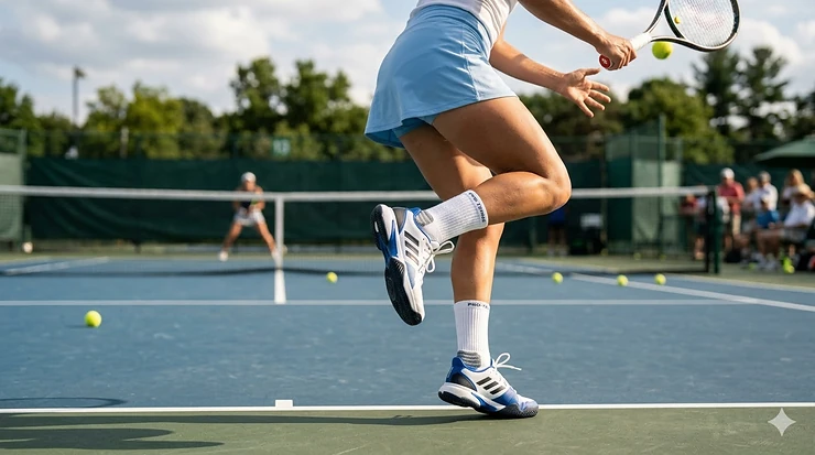 A tennis player wearing professional cushioned crew socks while serving on a hard court. best tennis socks