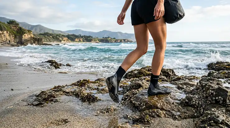 A pair of the best water sports socks being worn by a person walking on a rocky beach toward the ocean.