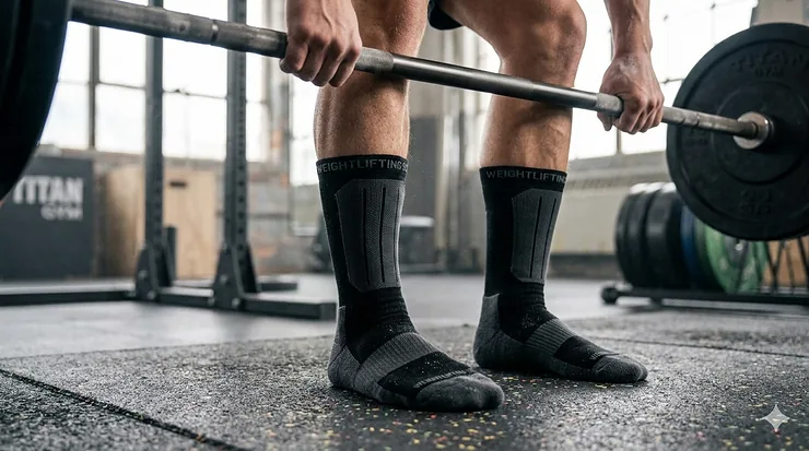 A pair of high-compression weightlifting socks designed for shin protection during heavy deadlifts.