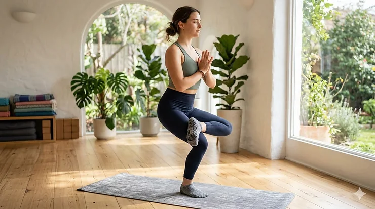 A person practicing yoga on a wooden floor wearing the best yoga socks with non-slip silicone grips for stability.