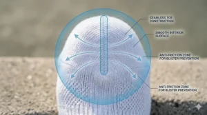 Close-up illustration of seamless toe construction in tennis socks designed to prevent blisters.