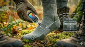 Illustration of integrated mesh ventilation zones in hunting socks for maximum airflow during early season hunts.