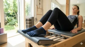 Top view of moisture-wicking pilates socks with breathable mesh panels.