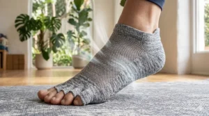 Technical diagram highlighting the breathable mesh top layer of high-quality yoga socks to prevent sweating.