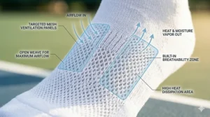 Graphic showing mesh ventilation panels on top of a tennis sock for maximum airflow.