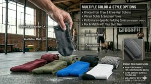 A variety of colorful, patterned crew socks laid out, showcasing CrossFit gym fashion.