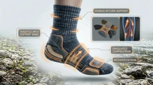 Illustration of targeted arch support and compression zones in high-performance fishing socks to reduce foot fatigue.