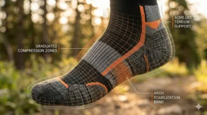 Graphic highlighting the arch support and compression fit of premium cycling socks.