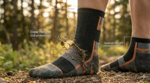 Comparison of different cuff heights for mountain bike socks to prevent brush scratches.