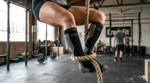 Close-up of reinforced mid-calf socks protecting a climber's legs during a CrossFit rope climb.