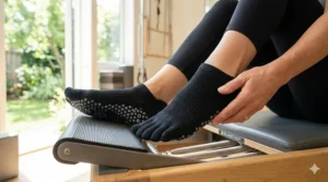 Side view of pilates socks featuring compression arch support for foot stability.