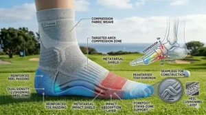 A diagram showing extra padding in the heel and forefoot of the best golf socks for maximum walking comfort.