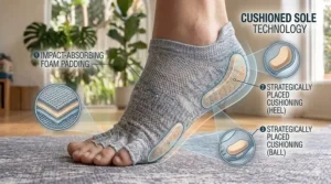 Cross-section illustration of the padded sole in yoga socks designed for comfort on hard surfaces.
