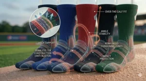 A row of baseball socks in various team colors including red, royal blue, and black.