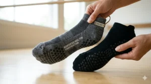Reinforced heel and toe areas of a barre sock showing long-lasting construction for frequent studio use.