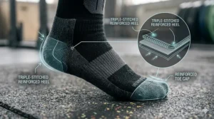 Illustration highlighting the double-stitched heel and toe areas of heavy-duty weightlifting socks.