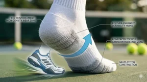 Illustration highlighting reinforced fabric in the heel and toe areas for long-lasting tennis performance.