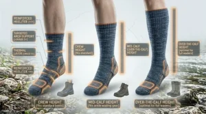 Comparison chart showing crew height and over-the-calf fishing socks for different types of wading gear.