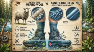 Infographic comparing breathable merino wool and synthetic fibers used in the best fishing socks for moisture management.