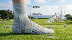A technical illustration showing the targeted compression zones and arch support in high-performance golf socks.