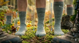 Comparison chart of hunting sock heights including crew, boot, and over-the-calf styles for different gear.