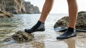 Illustration of a kayaker stepping into shallow water wearing protective, low-profile water sports socks.