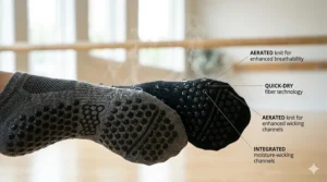 Close-up of breathable cotton-blend fabric used in the best barre socks to keep feet dry.
