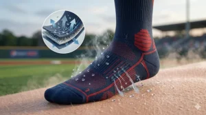 Close-up illustration of breathable fabric technology in baseball socks to keep feet dry.