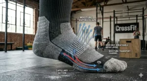 Illustration of breathable mesh venting on the top of a performance sock for heat management.