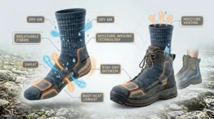 Diagram of moisture-wicking technology pulling sweat away from the skin to keep feet dry inside fishing boots.