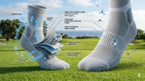 An infographic illustrating moisture-wicking fabric layers in the best golf socks to keep feet dry.