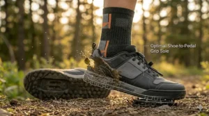 High-quality mountain biking socks paired with flat pedal MTB shoes on a bike.