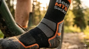 Close-up of breathable mesh zones on mountain biking socks for heat regulation.