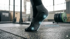 Illustration of the silicone grip pattern on the bottom of weightlifting socks to prevent slipping on gym floors.