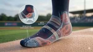 Diagram showing reinforced heel and toe cushioning in the best baseball socks for impact protection.