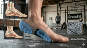 Infographic highlighting high-density padding in the heel and toe for high-impact box jumps.
